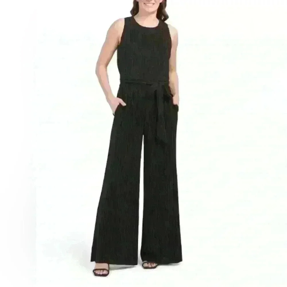 Sleeveless Black Wide-Leg Jumpsuit with Waist Tie